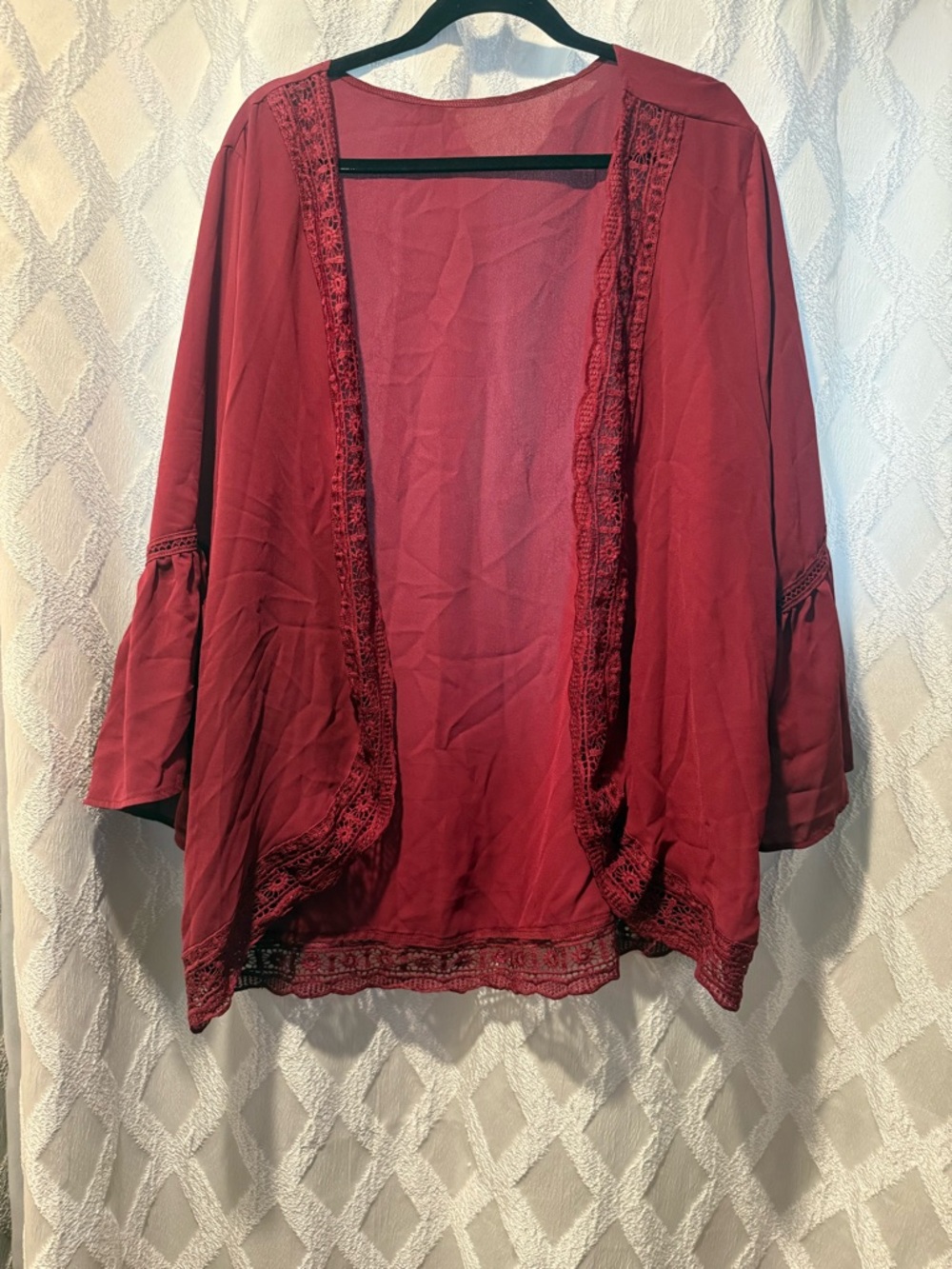 Open Front Lace Trim Cardigan - Deep Red